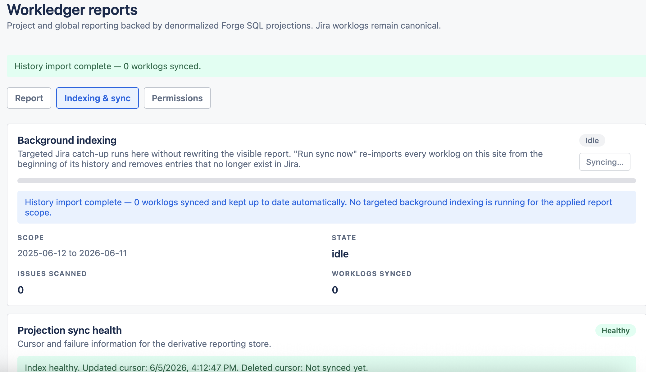 Background indexing and projection sync health cards