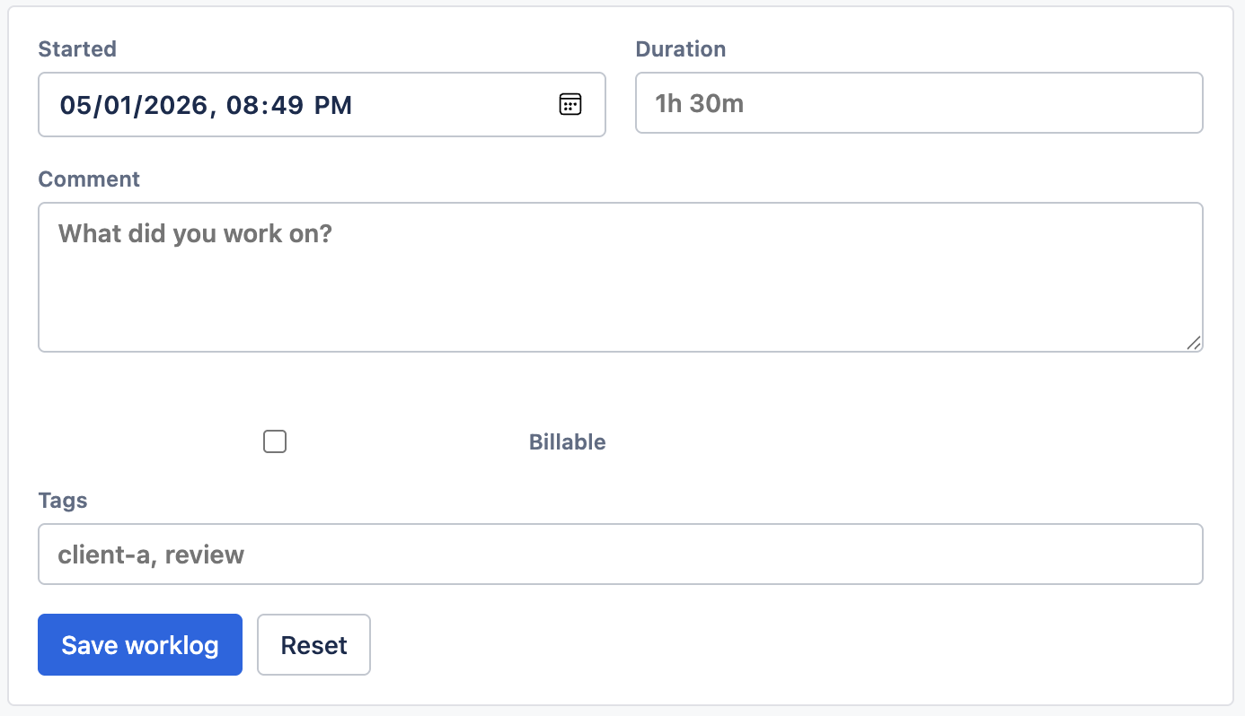 WorkLedger Log work modal