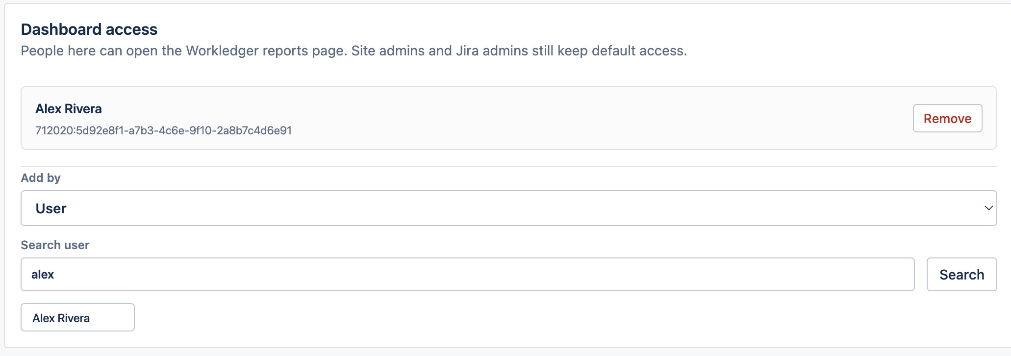 Adding a user grant: search by display name, click the suggestion to add