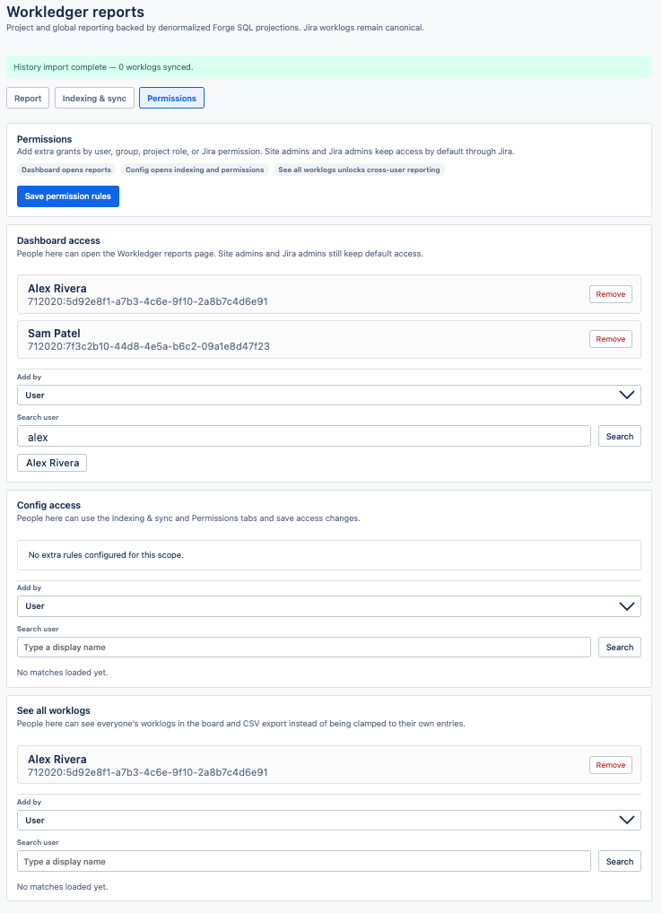 Permissions tab with the three grant lists
