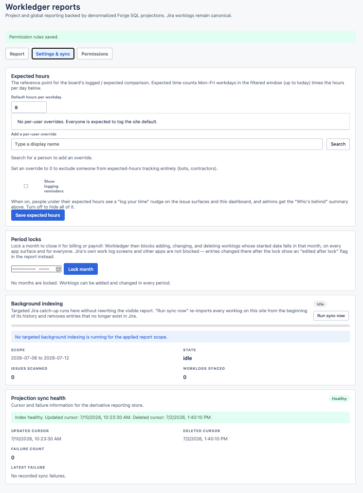 Settings & sync tab: Expected hours, Period locks, Background indexing, and Projection sync health